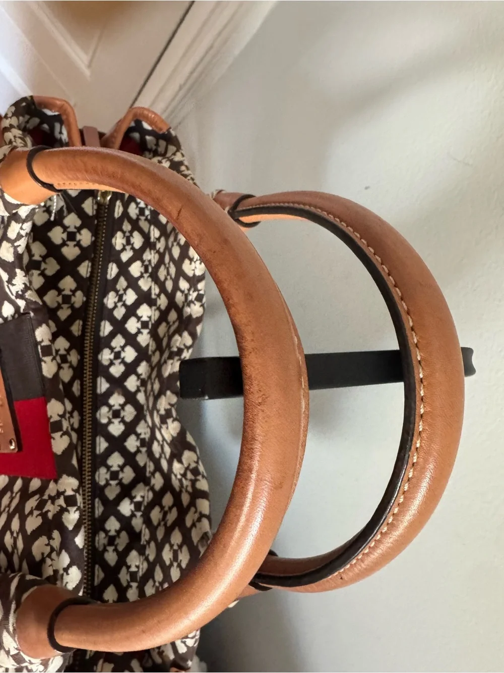 Kate Spade Brown, Cream & Red Patterned Tote with Tan Handles